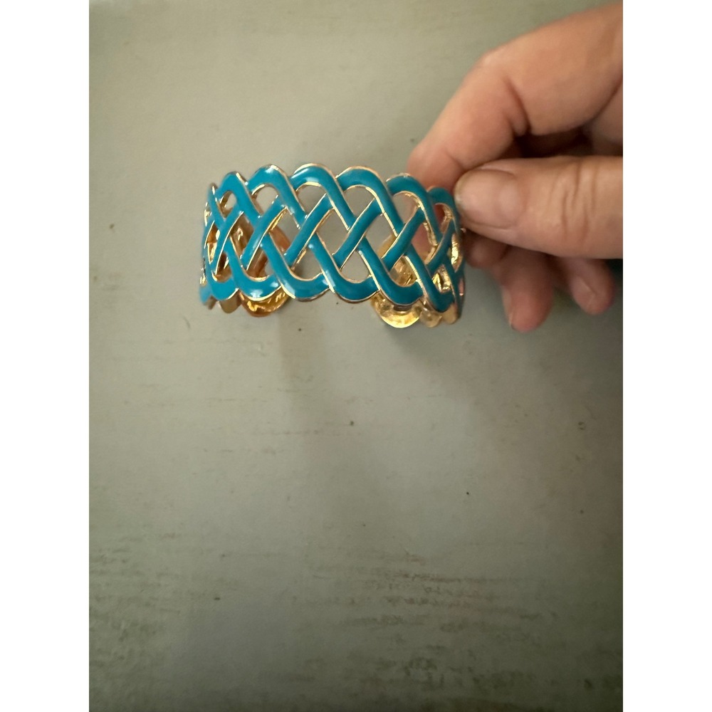 Turquoise Blue Enamel Gold Tone Lattice Woven Wide Cuff Statement Bracelet